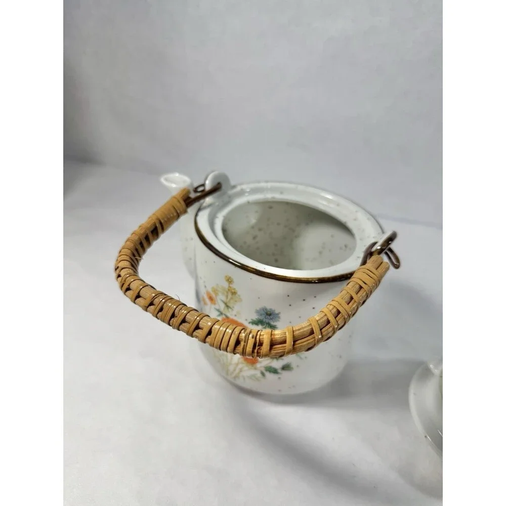 Vintage Speckled Ceramic Teapot Bamboo Handle Hand Painted Flowers Japan